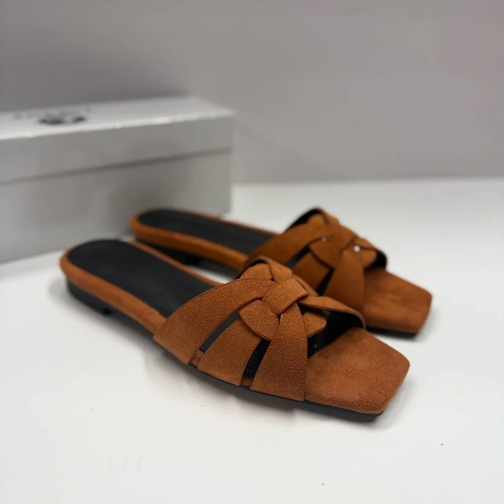 Women's Brown Suede Slide Sandals - Knotted Strap - Picture 6 of 9